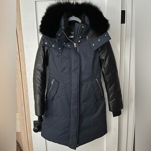 Exclusive Mackage Navy Kerry Leather Sleeve Parka Jacket Coat Size Small